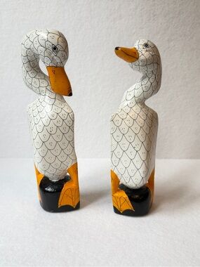 Vintage Hand Carved Painted Wooden Duck Figurines Set of Two